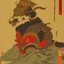 Placeholder: Samurai Japanese Ukiyo-e, sun in the background, walking in the mountains