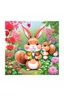 Placeholder: A beautiful butterfly, cute bunny and friendly squirrel looking amazingly at a bright red rose in a colorful garden, child book illustration style, faces must be the same as reference image