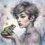 Placeholder: Whimsical and realistic ink, charcoal, markers, and oil painting, Impressionist style, realistic textures, minimalist approach, portrait of a young woman with a pixie cut hairstyle, holding a frog, ith delicate highlights, soft and dreamy background, pastel shades, fantastical ambiance, detailed and intricate linework, fine art quality, intricate patterns, enchanting atmosphere, ethereal lighting, by a blend of Van Gogh and Mary Cassatt, Artstation. Modifiers: bokeh Nikon D850 highly detailed di