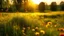 Placeholder: Beautiful wildflowers on a green meadow. Warm summer evening with a bright meadow during sunset. Grass silhouette in the light of the golden setting sun. Beautiful nature landscape with sunbeams.