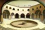 Placeholder: a round plaza, a Roman arcade with arches curved around it, by artist "Leonora Carrington"