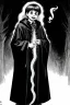 Placeholder: 7 year old boy, necromancer, friendly, looks dead,with a long lamprey emerging from his belly , wearing black robes, with the lower body of a ghost in the style of Harry Clarke