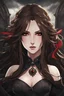 Placeholder: An arrogant looking young woman with pale skin and long brown hair in a stormy dark fantasy setting with intricate details. She is smirking, wearing black and read leather, has red eyes, an air of malevolent power surrounds her. Anime style. High definition.