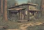 Placeholder: Lodge, administrative cabin, overgrown, post-apocalyptic, comic book, camp site signs