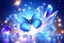 Placeholder: a little cosmic lightblue bright butterfly is flying over a magic big important crystal