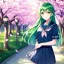 Placeholder: girl, masterpiece, best quality, cinematic lighting, detailed outfit, perfect eyes, long hair, green hair, green eyes, hairclip, outdoors, ray tracing, god rays, in spring, cherry blossom, sparkle, depth of field, smile, school outfit,