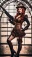 Placeholder: Full Body Photo Of A Steampunk Burlesque Woman With Straight Hair And A Fringe Hairstyle, Holding A Laser Gun, Sci-Fi Steampunk Background