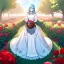 Placeholder: very gorgeous anime girl wearing a yellow and white dress ,standing in a meadow of flowers, spreading rose pedals on the ground. beautiful eyes and a stunning smile, blue eyes, two blue eyes, perfect nose and rosy cheeks and red lips. girl is holding a basket with flowers in it. girl has flawless face. simetrical face