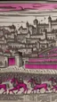 Placeholder: A grayish magenta noisy city designed in Bayeux tapestry painted by Giovanni Battista Sassi