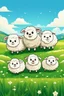 Placeholder: create an image with 4 cute sheep with the typography, happy face "sheep of faith", 2d, cartoon style, chibbi, kawai, a green field and blue sky in the background