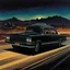 Placeholder: Last Drive: rear 3/4 view, ((a man (with long hair and sunglasses) in a hearse by night in the desert, aside a beautiful girl driving)). Speed lines and a motel in background. grainy photo realistic, 80's horror poster, Frazetta, dark and moody ambience