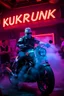 Placeholder: An "hard MC guy" performing at dance club, his name is "Benny" Very hard looking, motorbike Harley davidson on stage, Neon lights and smog, "KUKRUNK" sign on the wall