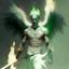 Placeholder: hombre angel caido de piel verde palido sin cara empuñando una lanza en llamas
