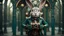 Placeholder: High-end hyperrealism epic rabbit hero holding a steampunk camera, Steampunk-inspired cinematic photography, symmetry forest alley background, Aesthetic combination of metallic sage green and titanium blue, Vintage style with brown pure leather accents, Art Nouveau visuals with Octane Render 3D tech, Ultra-High-Definition (UHD) cinematic character rendering, Detailed close-ups capturing intricate beauty, Aim for hyper-detailed 8K