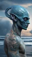 Placeholder: professional portrait of a alien race tatooed typ, the head with 3d bony growths under the skin on the head normal face full body side view the backdrop sea and clouds the sea is ocean_blue the male is natural colored , abstract beauty, approaching perfection, delicate face, dynamic, moonlight, highly detailed, digital painting, artstation, concept art, smooth, sharp focus, illustration, art by Carne Griffiths and Wadim Kashin