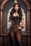 Placeholder: Photorealistic full-height photo of a fantasy skinny pin-up girl in steampunk clothing with long, dark hair