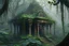 Placeholder: An old wooden Hindu temple overgrown with vines, in a forest, mist