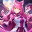 Placeholder: Clear focus,High resolution,High quality, Smiling, Pink long fluffy hair, Pink cat ears, Yellow eyes, Wearing a pink mech uniform,
