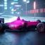 Placeholder: realistic formula 1 car; in an alternate universe in tokyo; cyberpunk; rain; neon signs