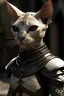 Placeholder: A realistic humanoid hairless cat wearing light leather armor