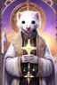 Placeholder: (anthropomorphic white ferret),dressed in ((cleric fantasy)) black clothes with silver holy ornaments, realistic anatomy, posing, cute face, fantasy inspire, fantasy church on background with warm sunshine lighty from behind, gloomy atmosphere, (((high angle shot))), purple armband, The holy icon style, RTX, praying, close eyes