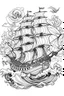 Placeholder: A haunted pirate ship sailing on rough seas while ghosts roam the deck.. Outline, sketch style, only use outline, mandala style, clean line art, white background, no shadows, no clear wall, coloring page.