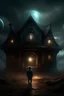 Placeholder: fantasy art, dark colors, a house, a time portal, a person stands