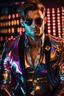 Placeholder: Real photography handsome man super model European on fashion style dressing luxury jacket diamonds patterns,sunglasses,turn on music DJ player in disco club