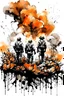 Placeholder: 3cpo "war in sudan" , concept art, water color, water color effect, splash,use orang & black & white, logo design,white background, big cotton flowers burn by fire