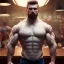 Placeholder: large muscular man wearing a white shirt, big belly, puffed out blonde hair, standing in a bar, illumination, brilliant coloring, smooth, sharp focus, crispy quality, vray; Artstation; HD, HDR, SF, CGSociety, 16k, photorealistic, unreal engine