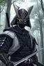 Placeholder: portrait , heroic pose ,samurai warrior black and white armor and a mask, long katana , anime style, background in the forest