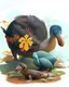 Placeholder: John James Audubon-like illustration of a fully uncropped Dodo bird and a Platypus in a landscape of warm yellows, warm reds, and warm blues