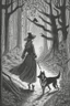 Placeholder: in the style of a Henry Justice Ford drawing, a witch walks through a forest, she is followed by a dog