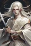 Placeholder: a young man with long white hair like an immortal from tales. her beautiful face was enough to move the hearts of the goddesses. He was dressed in long white chiton-like robes that left his chest and arms bare, and his right hand was a reverse-gripped katana-like blade that he raised at a right angle to his body. he had two pairs of pure white angel wings. His multicolored irises shone with unearthly beauty in his eyes.