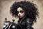 Placeholder: full color, illustration of a dark, menacing, curly haired, black leather clad motorcycle girl, tall and willowy , as a decayed, broken, crude homemade cloth doll toy, with a cracked porcelain face, thick dark eyebrows, hair made from ragged strips of cloth, in the style of Nadya Sheremet