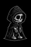 Placeholder: funko skeleton in a black hooded cloak drawn in a retro mascot style, inside a light diamond shape on a black background, monochromatic