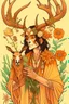 Placeholder: create a drawing for me. a fantasy drawing of a hispanic man with deer skull on his head. he has brown hair and tan skin. he wears peach colored robes and yellow pants with green accessories. he is surrounded by nature and is holding a crow companion. the skull is large and covers the face completely. the deer skull covers his face and the antlers have flowers on them.