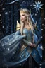 Placeholder: Elven princess,elven crown,long blonde golden hair,rapunzel hair,ice flowers,beautiful,light blue,dark blue,golden armor,sparkle,glitter,ice flowers,snow,elven ears,dark fairy princess