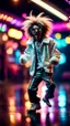 Placeholder: funky punk hippy hairy white skinned pimp tap dancer fashion gremlin in the middle of crazy dance moves dancing on buss parked in dark lit reflective wet arcade hall tunnel,bokeh like f/0.8, tilt-shift lens 8k, high detail, smooth render, down-light, unreal engine, prize winning