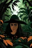 Placeholder: Brujo con fondo de una selva de noche con estilo cuento de terror