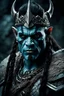 Placeholder: portrait of an orc king with grey skin. Tribal Tattoo. Dark braided hair and ice blue eyes. He's smirking. Half of his head is shaved. wearing jewellery. Carrying a battleaxe. High resolution. 4K. 8K. Dark Fantasy style. Cave in the background