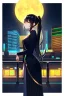 Placeholder: girl, masterpiece, best quality, cinematic lighting, detailed outfit, perfect eyes, black hair, golden eyes, long hair, ponytail, girl standing in a modern cityscape at night with a bright yellow moon in the background, detailed cityscape illustration, neon lights, vibrant colors, dramatic lighting,