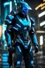 Placeholder: cyberpunk, neon blue, high technology, geometric figures, orbiting figures, cyberpunk suit, black and blue, epic, rain, neon blue suit, geometric figures orbiting around suit, exosuit, technological armour, a person wearing technological armour, cyberpunk armour, detailed armour, male