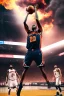 Placeholder: 8k, highly realistic and detailed image of a NBA basketball player in action dunking the ball in the net, sweaty hair, screaming look,action and smoke and flames background