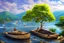 Placeholder: higly-detailed, epic landscape, river, highly detailed, perfect lighting, perfect composition, 4 k, artgerm, hudson river scool, big old tree, sunny day, large sea, boats, spiders