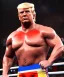 Placeholder: Realistic image of Donald trump wrestler, Mexican wrestling style, eye line, red and blue breeches, glow us flag dress, suspenders, retro style, 80s, vibrant color, highly detailed, clean background, concept art, unreal engine 5, god rays, ray tracing, RTX, lumen lighting, ultra detail, volumetric lighting, 3d, finely drawn, high definition, high resolution.