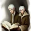 Placeholder: portrait of friendly elf with white hair in beige coat reading a large book, fantasy character art, concept art, somber, gloomy lighting, 3d concept art, stylized