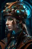 Placeholder: beautiful faced young white woman cyberpunk voidcore bird shaman adorned with filigree copper patinated dust textured shamanism cyberpunk leather filigree hat headdress wearing decadent biomechanical copper and platina colour gradient biomechanical black steel chain lace ribbed leather jacket embossed cyberpunk rose florals, azurite, onix stone zafir pearls ornated jacket organic bio spinal ribbed detail of cyberpunk gothica extremely detailed hyperrealistic filigree concept portrait