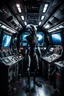 Placeholder: super Realistic photography, High EV, intense and strong lighting of the interior space of the command post of the space rocket, a Xenomorph, standing wide in battle mode