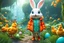 Placeholder: easter holidays, pixar art style of cute pixie smiling bunny with large eyes, little chicken, full body, fresh orange puffer jacket, Starwars factory backdrop, by mobeius, large eastern eggs, in the garden of Eden, stylized vegetation, turquoise water ground-level view, foggy atmosphere, hyper detailed, digital art, trending in artstation, cinematic lighting, unreal engine 5 rendered, octane rendered